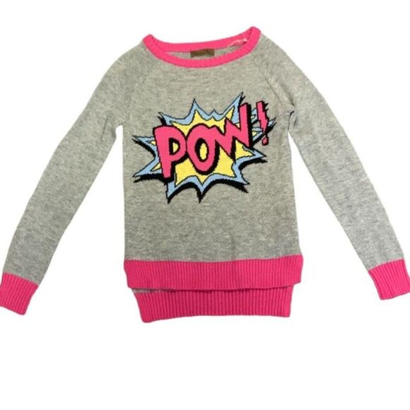 “POW” Graphic Print Gray Pink Yellow Lightweight Crewneck Sweater Size Medium - Picture 2 of 10